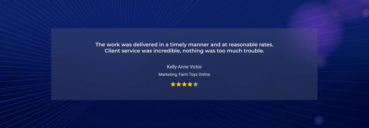 Testimonial from Kelly-Anne Victor of Farm Toys Online, praising timely delivery, great rates, and excellent customer service.
