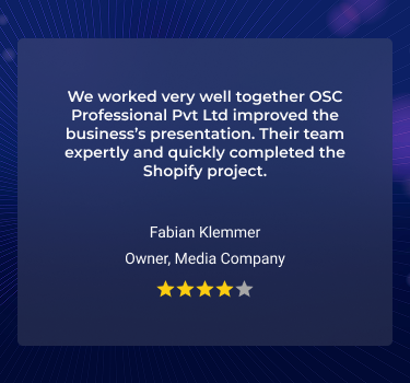 Fabian Klemmer’s testimonial praising OSC Professional Pvt Ltd for expert Shopify development services