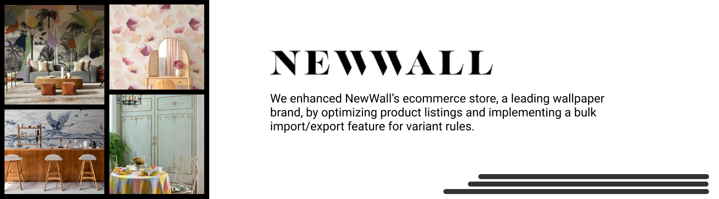 NewWall wallpaper ecommerce store banner with stylish wallpaper designs and product optimization features